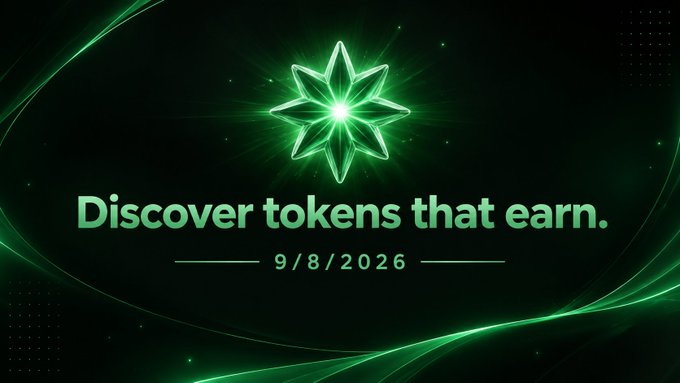 A dark green digital promotional graphic with a glowing geometric star/flower logo and the text 'Discover tokens that earn. 9/8/2026'.