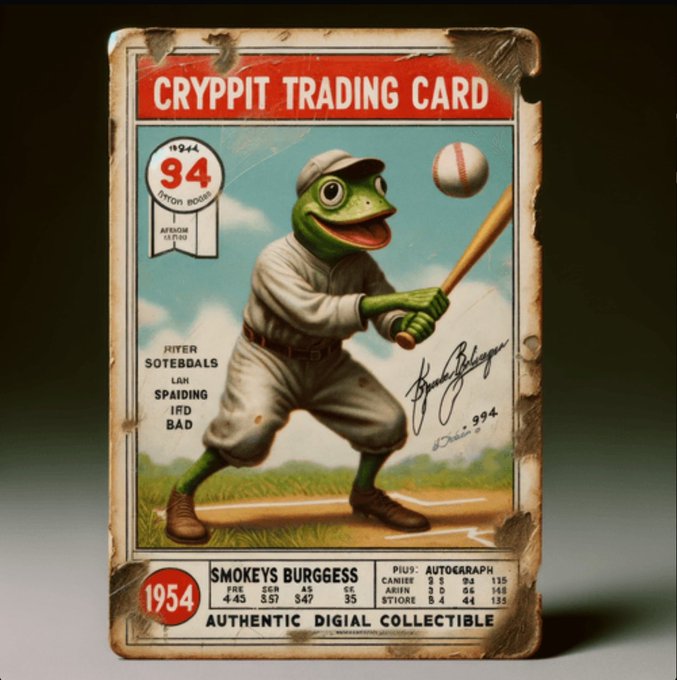 A vintage-style 'Cryppit Trading Card' from 1954 featuring a frog-like character in a baseball uniform batting, labeled 'authentic digital collectible'.