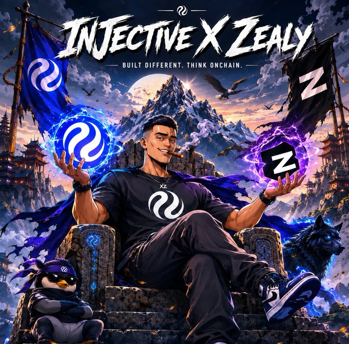Promotional artwork for "Injective X Zealy" featuring a character holding glowing logos with the tagline "BUILT DIFFERENT. THINK ONCHAIN."