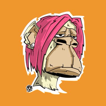 A cartoon illustration sticker of a tired-looking monkey character with pink hair/turban and droopy eyes on an orange background.