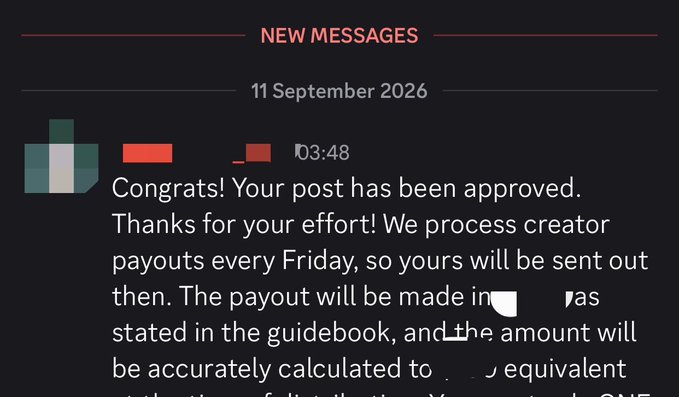 A screenshot of a dark-themed messaging app showing a notification dated 11 September 2026 at 03:48 reading "Congrats! Your post has been approved. Thanks for your effort! We process creator payouts every Friday, so yours will be sent out then."