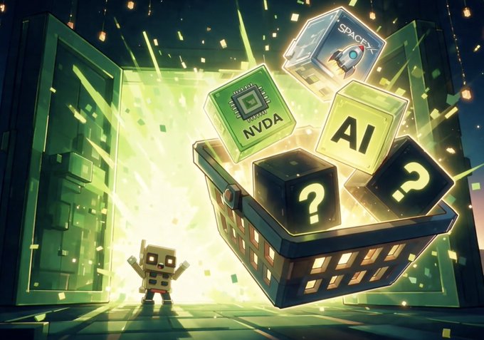 A pixel-art character stands before a glowing portal as a treasure chest bursts open, revealing floating cubes labeled "NVDA," "AI," and "SPACE-X," alongside mystery question-mark blocks—symbolizing early access to emerging tech and AI-themed crypto collections, as promoted by @meta_alchemist.