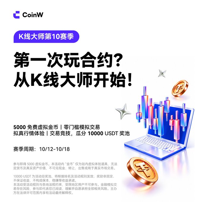 A CoinW cryptocurrency advertisement in Chinese promoting their 'K-Line Master Season 10' event with 5000 free virtual coins and a 10000 USDT prize pool, featuring a laptop displaying trading charts.