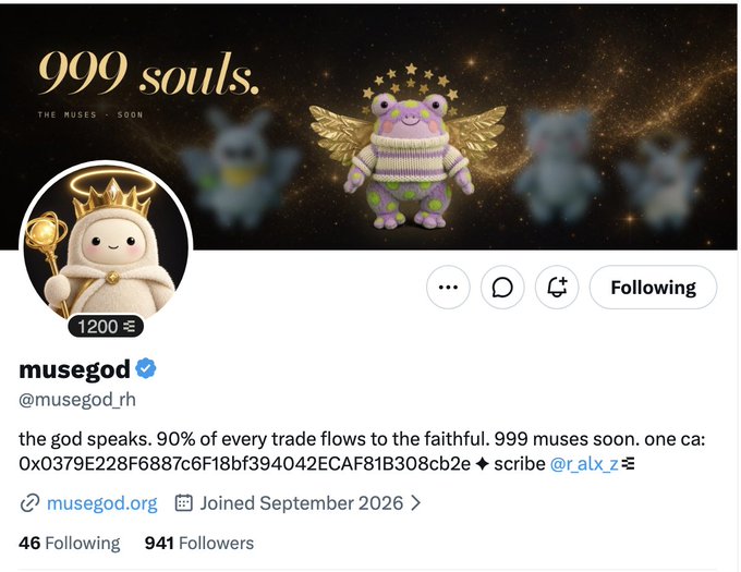 A Twitter/X profile for the verified account @musegod (@musegod_rh) featuring a winged cartoon mascot banner reading "999 souls. THE MUSES – SOON," with the bio claiming "the god speaks. 90% of every trade flows to the faithful" and an Ethereum contract address (0x0379E228F6887c6F18bf394042ECAF81B308cb2e), matching the post about the 999-supply "Muse" NFT agent project by @r_alx_z.