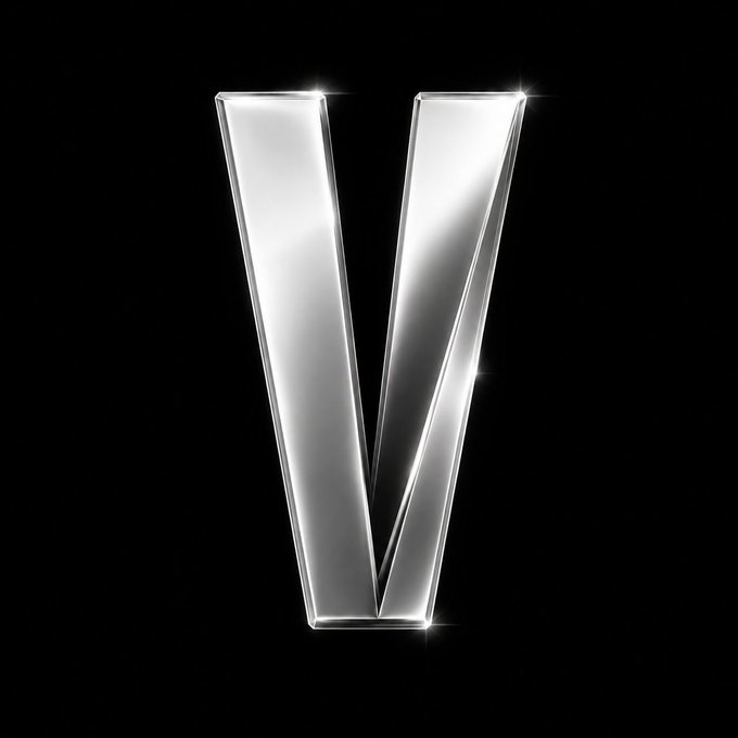 A metallic, three-dimensional letter 'V' is displayed against a black background.