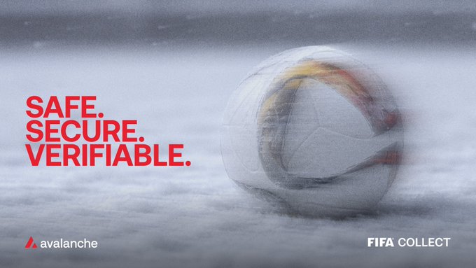 A blurry soccer ball sits on a misty surface beside bold red text reading "SAFE. SECURE. VERIFIABLE." with Avalanche and FIFA Collect logos at the bottom, visually reinforcing the message that Avalanche-powered blockchain technology provides a trustworthy way to purchase verifiable FIFA World Cup 2026™ tickets, with 100k+ fans already gaining on-chain access.