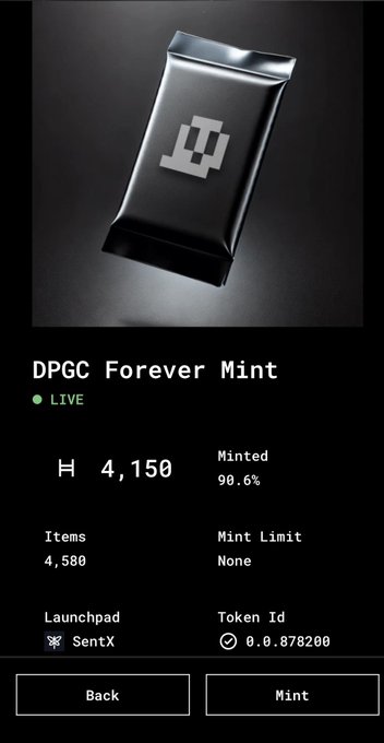 A mobile interface screen for a 'DPGC Forever Mint' displaying a black foil package, currently LIVE, with 4,150 minted out of 4,580 items (90.6%), on Launchpad SentX, with Token Id 0.0.878200 and buttons for 'Back' and 'Mint'.