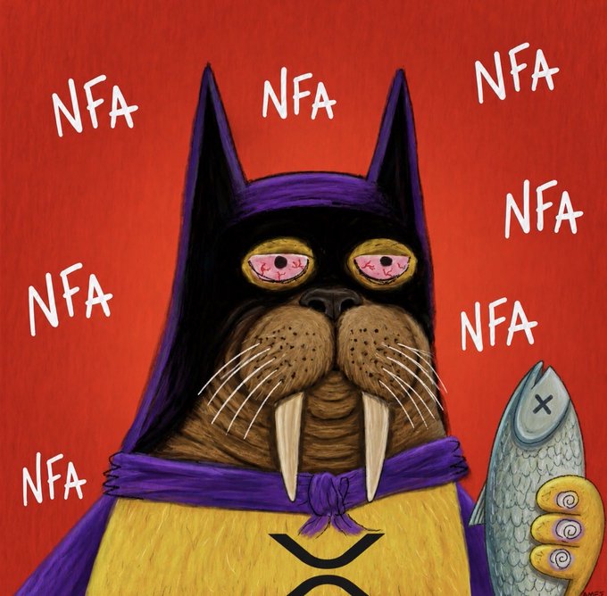 An illustration of a walrus dressed as a purple-clad superhero with bloodshot eyes holding a fish, surrounded by the text 'NFA' repeated multiple times on a red background.