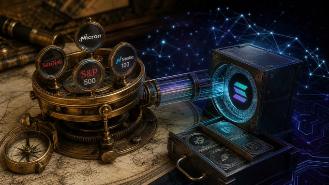 A digital artwork showing a steampunk device with floating disks labeled with brand names 'Micron,' 'SanDisk,' 'S&P 500,' and 'NewSci 100,' alongside a glowing box displaying a crypto logo, set against a network of connected nodes.