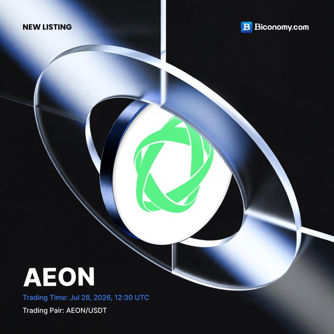 A promotional announcement from Biconomy.com announcing the new listing of AEON, with trading for the AEON/USDT pair set to begin on July 28, 2026 at 12:30 UTC, featuring the AEON logo against a sleek 3D metallic ring design.