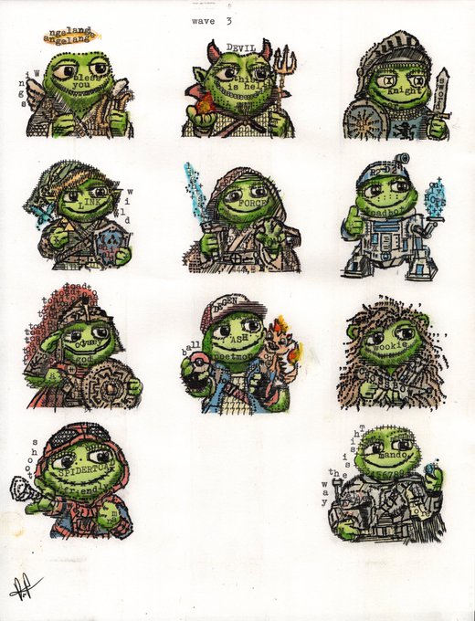 An illustration featuring a grid of 11 green, goblin-like characters in various costumes, each labeled with words like "angland", "devil", "knight", "wizard", "robot", "samurai", "gym", "soccer", "cookie", "friendship", and "sandy", with "wave 3" at the top.
