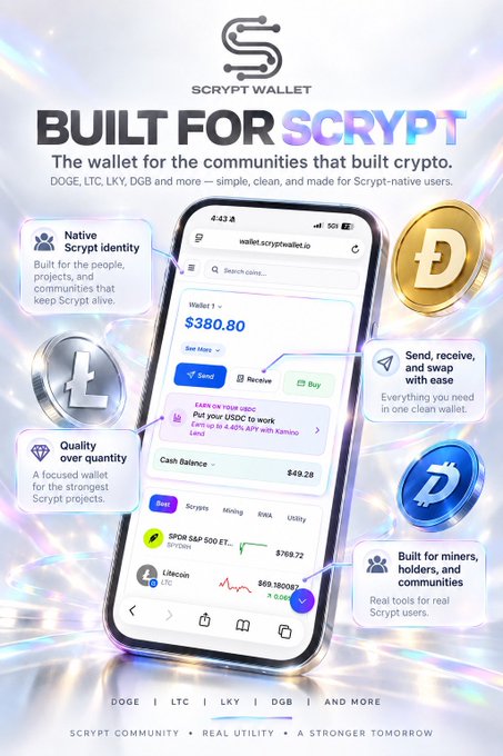 A Scrypt Wallet promotional image with the headline 'BUILT FOR SCRYPT', advertising a crypto wallet supporting DOGE, LTC, LKY, DGB, and more, with a balance of $380.80 displayed on the phone screen.