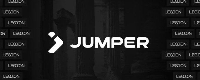 A black promotional graphic featuring the white 'JUMPER' logo in the center, surrounded by a pattern of 'LEGION' text boxes.