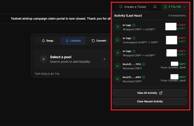 A screenshot of a cryptocurrency interface showing an Activity panel with 5 recent transactions, including bridge wraps and CNPY token transfers, outlined by a red box.