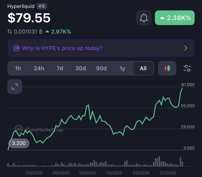 A CoinMarketCap chart showing Hyperliquid (HYPE) at $79.55, ranked #9, with a 2.38K% gain and 2.97% 24h increase, displaying an all-time price trend from $3.200 to $81.000.