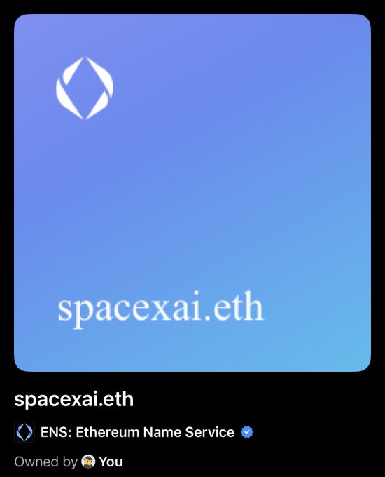 A digital NFT-style card displays the ENS domain "spacexai.eth" on a blue gradient background, with a verified Ethereum Name Service badge and labeled as "Owned by You." The image visually reinforces the post's optimistic message about ENS making a comeback by showcasing a personally owned ENS domain as a sign of continued confidence in the platform.