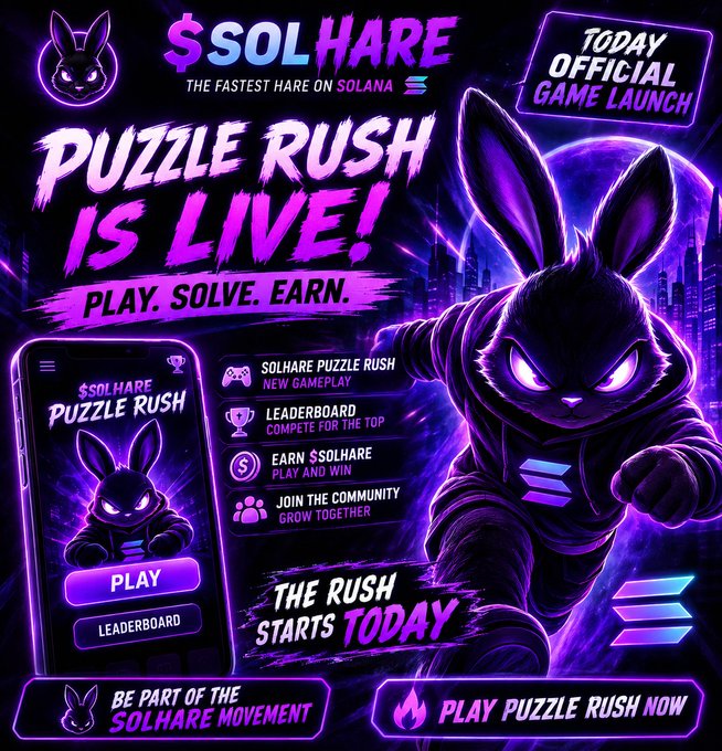 A promotional poster for '$SOLHARE - The Fastest Hare on Solana' announcing the official game launch of 'Puzzle Rush' with the tagline 'Play. Solve. Earn.' and featuring a phone mockup with 'Play' and 'Leaderboard' buttons.