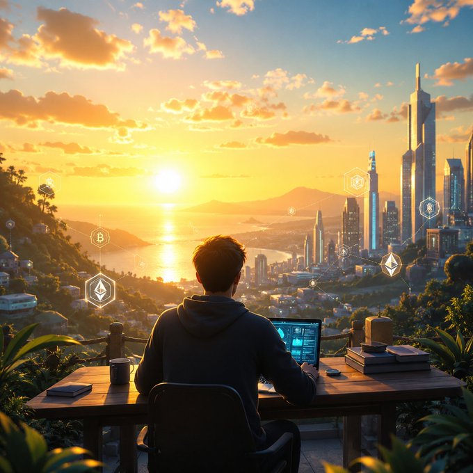 A digital illustration of a person working on a laptop at a desk overlooking a coastal city at sunset, with floating crypto icons including Bitcoin and Ethereum.