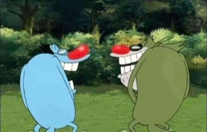 Two oversized, grinning cartoon critters—one blue and one green, both with comically large red noses—stand face-to-face in a forest setting, sharing a toothy, unhinged smile. The image humorously captures the "GM" (Good Morning) crypto mood: grinning through the pain of a zero-balance coin account while the broader market climbs.