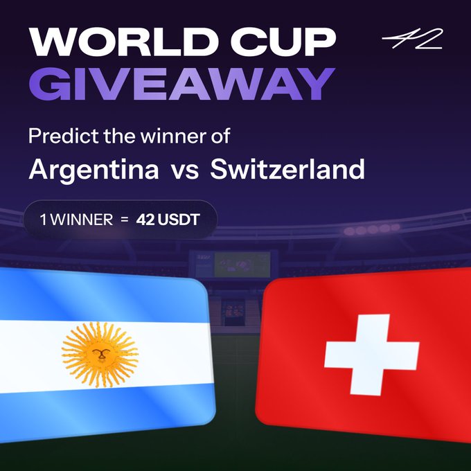 A World Cup giveaway promotional graphic from @42space featuring the Argentina and Switzerland flags, inviting followers to predict the match winner for a chance to win 42 USDT.