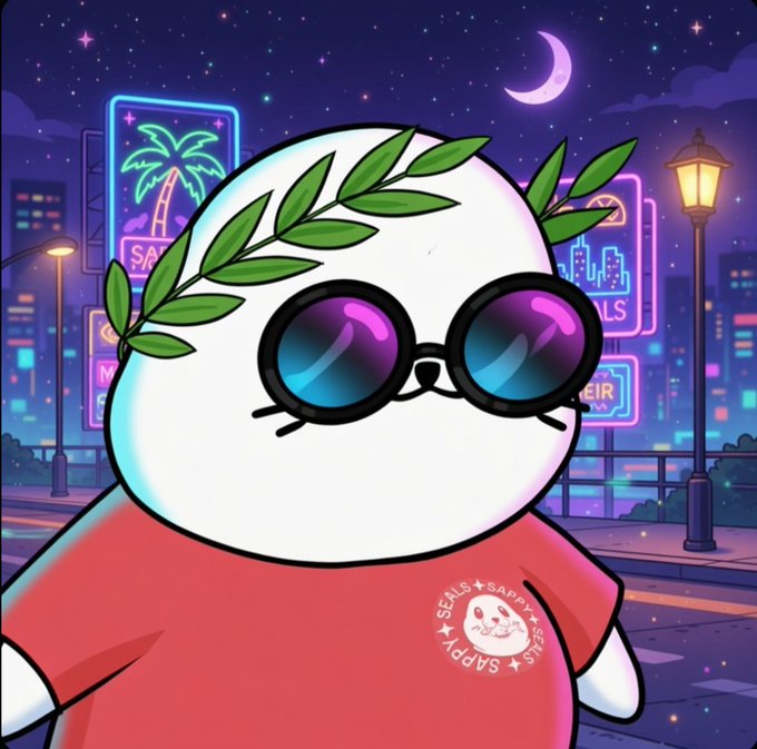 A digital illustration of a cute white seal character wearing round sunglasses and a green leaf crown, dressed in a red 'SAPPY SEALS' t-shirt against a neon city nightscape.