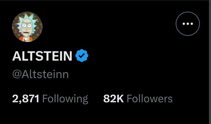 A Twitter profile for "ALTSTEIN" (@Altsteinn), a verified account with Rick Sanchez as its avatar, is shown. The profile displays "2,871 Following" and "82K Followers," aligning with the celebratory post thanking fans for hitting the 82K follower milestone.