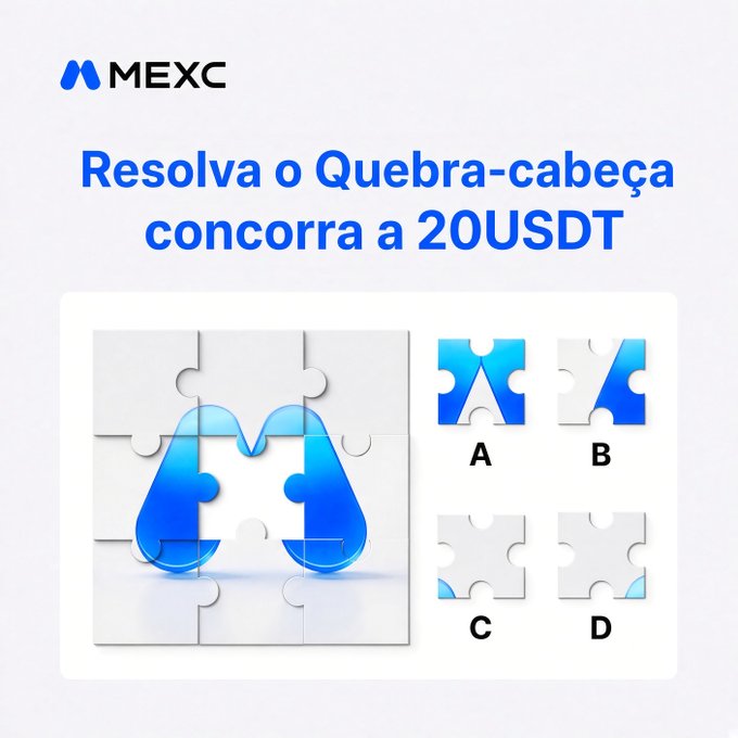 A MEXC promotional graphic in Portuguese reading 'Resolva o Quebra-cabeça concorra a 20 USDT' featuring a 3x3 puzzle with a missing piece; the answer choices A, B, C, and D are shown, with 'A' correctly fitting the puzzle.
