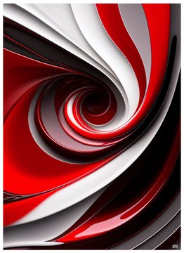 A glossy, abstract swirl of red, white, and black creates a hypnotic spiral pattern.