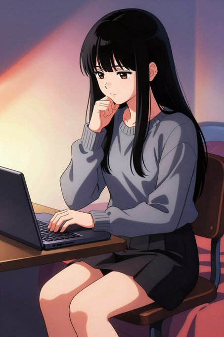 An anime-style illustration of a young woman with long black hair sitting at a desk and using a laptop.
