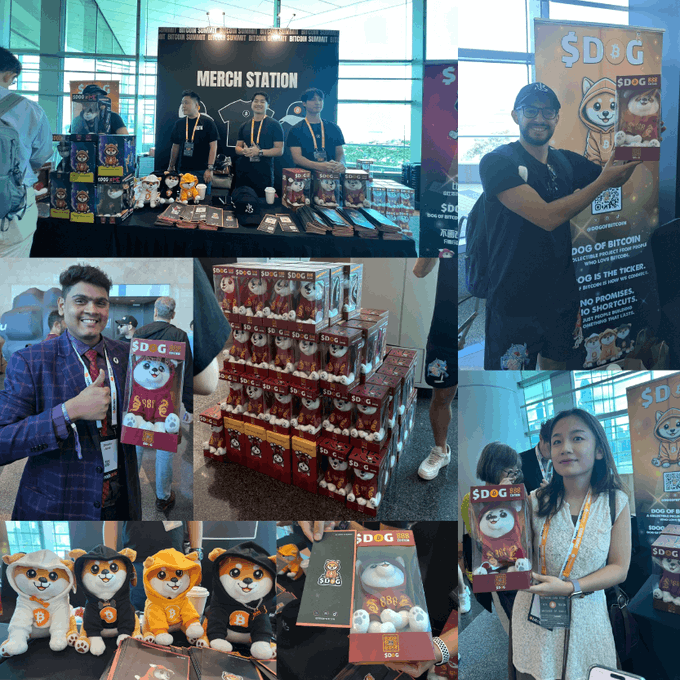 The image is a collage showcasing the $DOG (Dog of Bitcoin) merch station at Bitcoin Summit Hong Kong, featuring staff behind the table displaying plushies, boxes, and promotional materials, along with attendees proudly holding $DOG plushies and merchandise, including a man in a blue suit and a woman showcasing the toy packaging—capturing the global enthusiasm and early adoption of $DOG within the crypto community, particularly among Asian audiences.