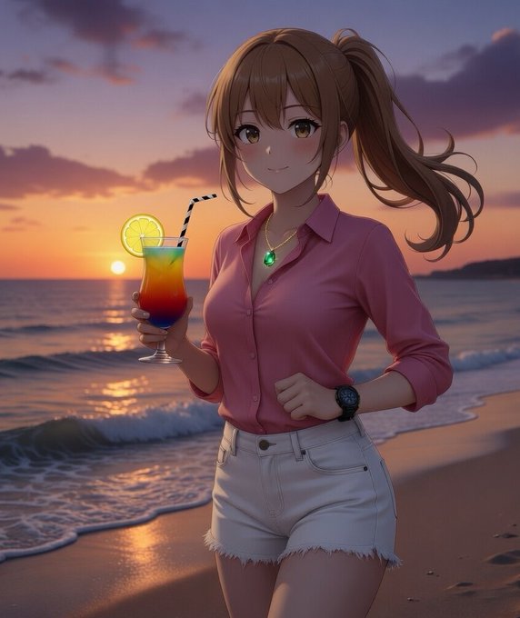 An anime-style illustration of a young woman with brown hair in a ponytail, wearing a pink button-up shirt and white denim shorts, holding a layered rainbow cocktail garnished with a lemon slice at a beach during sunset.