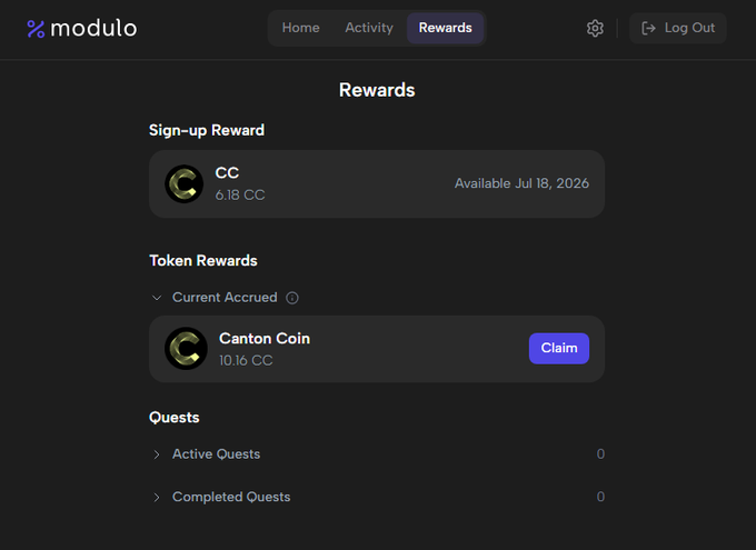 Screenshot of the Modulo rewards page showing a Sign-up Reward of 6.18 CC available July 18, 2026, and Token Rewards including 10.16 Canton Coin (CC) available to claim, with sections for Active and Completed Quests.