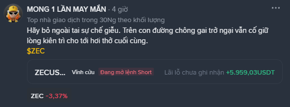 A dark-themed Telegram or social media post from "MONG 1 LẦN MAY MẮN" in Vietnamese, discussing top traders in 30NG by volume, featuring the ticker "$ZEC" and showing a loss of "-3.37%".