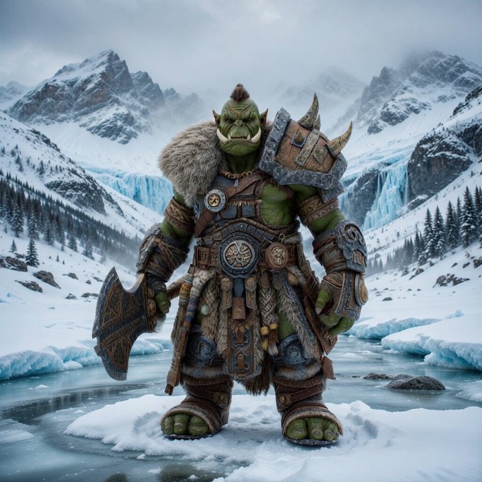 A digital artwork of a green-skinned orc warrior clad in fur-lined armor holding an axe, standing in a snowy mountainous landscape with glaciers and pine trees.