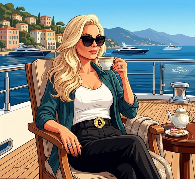 The image features a woman sitting on a boat, holding a cup of coffee while wearing sunglasses. She is positioned near the edge of the boat, with a view of the water and other boats nearby. The background includes mountains, suggesting that they are in a coastal area or near a lake. The post caption reads "Gm to all the $LTC enjoyers", which could be related to Bitcoin or another cryptocurrency, possibly indicating an advertisement for such digital assets.

The woman is dressed elegantly and appears to be enjoying her time on the boat. Her sunglasses add a stylish touch to her outfit while providing shade from the sun. The image captures a moment of relaxation and leisure as she sips her coffee and takes in the beautiful surroundings.