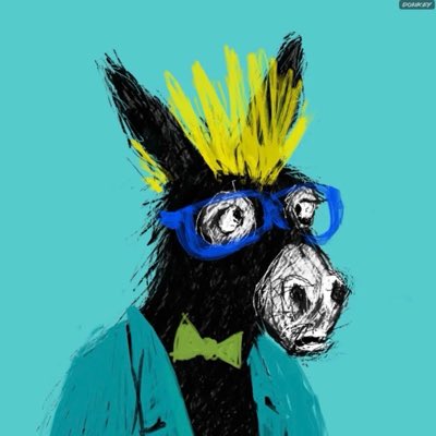 A sketchy, expressive drawing of a donkey wearing blue glasses and a bow tie on a teal background, with 'BDONKEY' text.