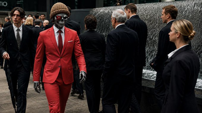 A person wearing a metallic mask, knit beanie, and bright red suit walks confidently through a crowd of people in dark business attire, symbolizing the post's message of breaking free from traditional crypto systems. The masked figure stands out as an unconventional disruptor amid a sea of conventional, suited individuals, reinforcing the theme of liberation from "old chains."