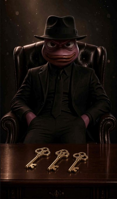 A dark, atmospheric portrait of the same fedora-wearing grinning character from Image 3, now seated in a leather chair behind a wooden desk with three ornate golden keys laid out in front.