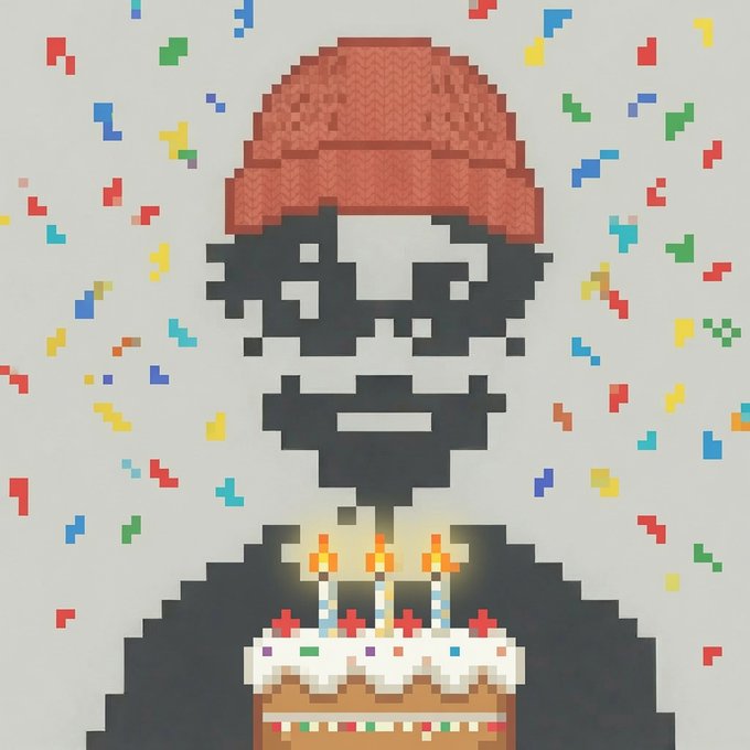 Pixel art image of a figure in a black mask and red beanie holding a birthday cake with lit candles, surrounded by colorful confetti.