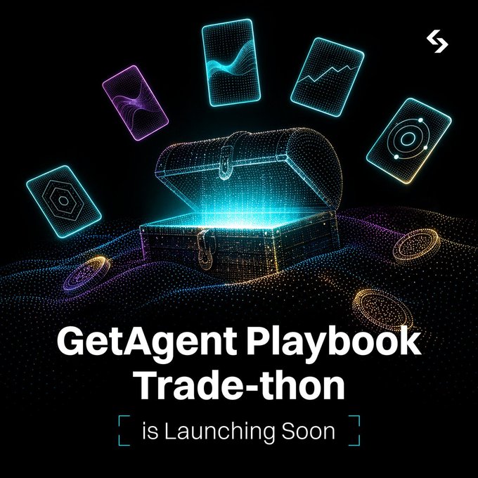 A glowing digital treasure chest floats among neon cards displaying various charts, graphs, and data visualizations, symbolizing trading strategies and analytics. Text reads "GetAgent Playbook Trade-thon - is Launching Soon," tying into the post about crafting a BTC/Gold rotation strategy for an upcoming trading competition.
