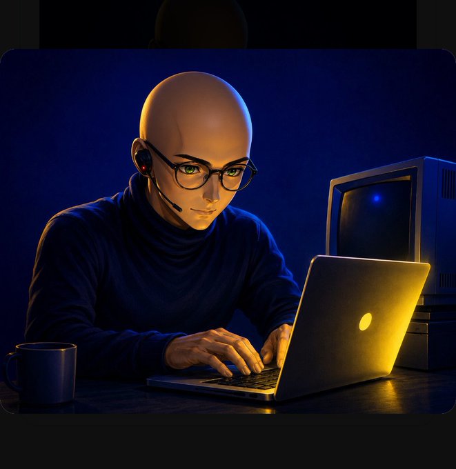 A digital illustration of a bald man wearing glasses and a headset, intently typing on a glowing laptop in a dimly lit room with a mug beside him.