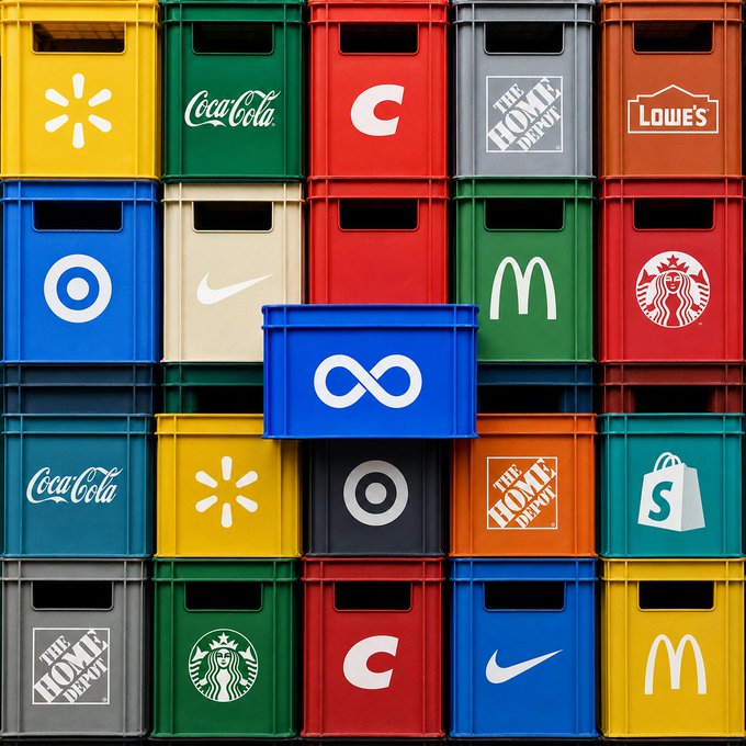 A wall of stacked colorful crates displays logos of major brands including Coca-Cola, Nike, McDonald's, Starbucks, Lowe's, Home Depot, Walmart, and Target, with a blue Meta (infinity logo) crate prominently centered in the foreground. The image visually reinforces Meta's post about being the one platform connecting users with all their favorite brands in a single place.