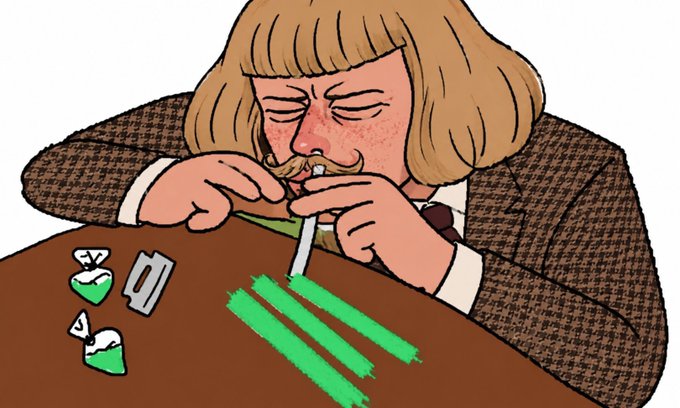 An illustration of a man with a bob haircut and large mustache leaning over a table, snorting lines of green powder alongside bags marked with dollar signs.