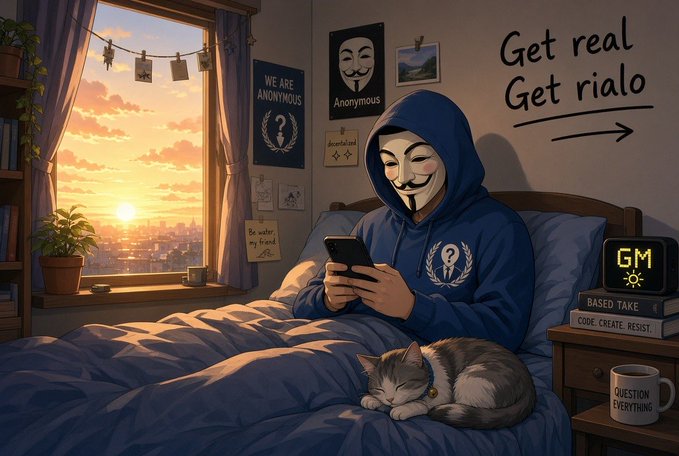An illustrated scene shows a person wearing a Guy Fawkes mask and an Anonymous hoodie using a smartphone in bed, with a cat sleeping beside them and "Get real Get rialo" written on the wall. Posters reading "WE ARE ANONYMOUS" and "BASED TAKE" are visible.