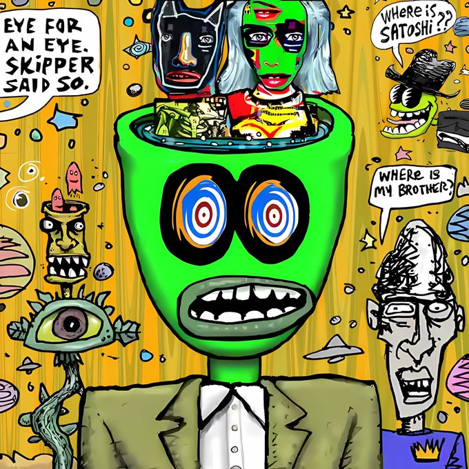 A chaotic, colorful cartoon artwork featuring a green cup-headed figure with bulging target eyes, flanked by speech bubbles reading "EYE FOR AN EYE. SKIPPER SAID SO," "WHERE IS.. SATOSHI??," and "WHERE IS MY BROTHER?"—showcasing the bold, surreal style of BTC artist @JOEYMARSworld, whose Bitcoin and Ordinals-inspired statement pieces are highlighted on AOA.