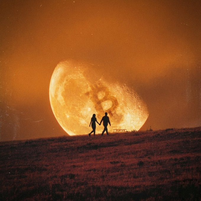 A silhouette of a couple holding hands as they walk across a landscape in front of a massive, glowing orange moon.