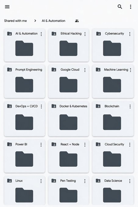 Google Drive interface showing a 'Shared with me > AI & Automation' folder containing multiple subfolders including Ethical Hacking, Cybersecurity, Prompt Engineering, Google Cloud, Machine Learning, DevOps + CI/CD, Docker & Kubernetes, Blockchain, Power BI, React + Node, Cloud Security, Linux, Pen Testing, and Data Science.