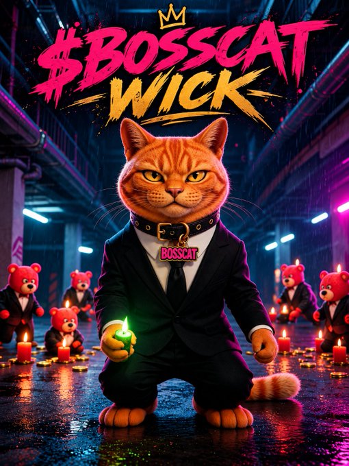 A stylized graphic titled '$BOSSCAT WICK' depicting an orange cat wearing a black suit and a collar labeled 'BOSSCAT', holding a lighter, surrounded by smaller teddy bears and candles in a neon-lit environment.