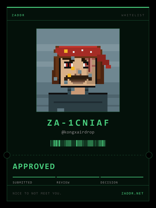 A digital whitelist approval card from ZADDR.NET featuring a pixelated pirate character with a red bandana and eyepatch, displaying the ID "ZA-1CNIAF" (@kongxairdrop) marked as "APPROVED." The card relates to the post by announcing whitelist eligibility for a mint event scheduled at 9 PM Beijing time on the 21st, requiring approximately 0.02 Zcash (around 30 USD).