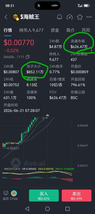 A cryptocurrency app displaying the token $海贼王 (Pirate King) at $0.00770, with circled values showing a market cap of $626.47万 and 池子大小 of $852.11万.